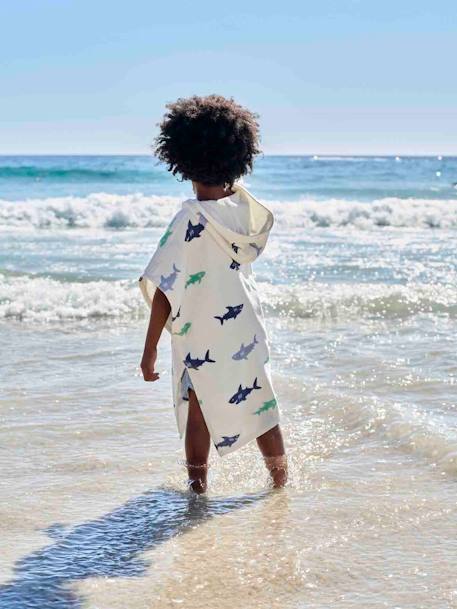 Bath Poncho with Recycled Cotton for Children, Sharks printed white 