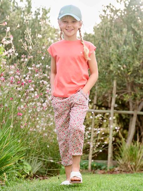 Cropped Cotton Gauze Trousers with Floral Print, for Girls BLUE MEDIUM ALL OVER PRINTED+blush+printed white 