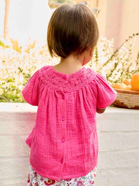 Cotton Gauze Blouse with Crochet Neckline for Babies fuchsia 