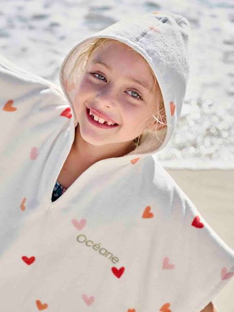Hearts Bath Poncho with Recycled Cotton for Children printed white 