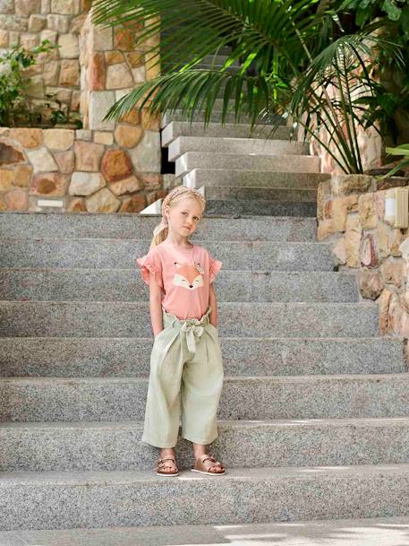 Cropped, Wide Leg Paperbag Trousers in Cotton Gauze for Girls ecru+old rose+sage green 