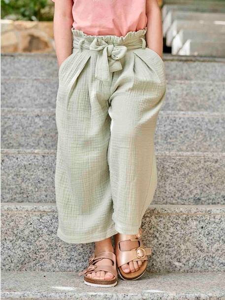 Cropped, Wide Leg Paperbag Trousers in Cotton Gauze for Girls ecru+old rose+sage green 