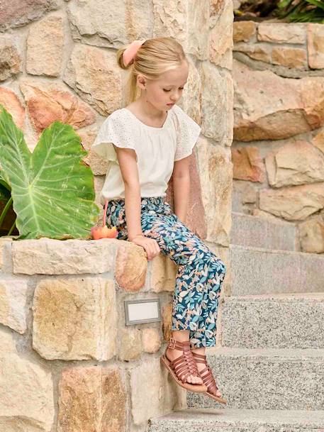 Fluid Cropped Trousers with Floral Print, for Girls ecru+green+rose 