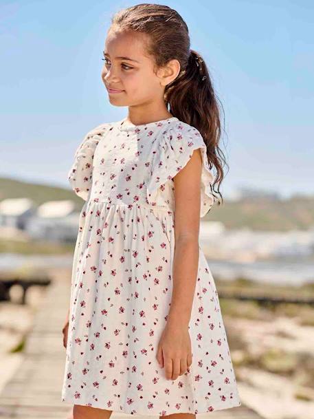 Floral Dress in Jersey Knit with Relief, for Girls ecru+sweet pink+tangerine 