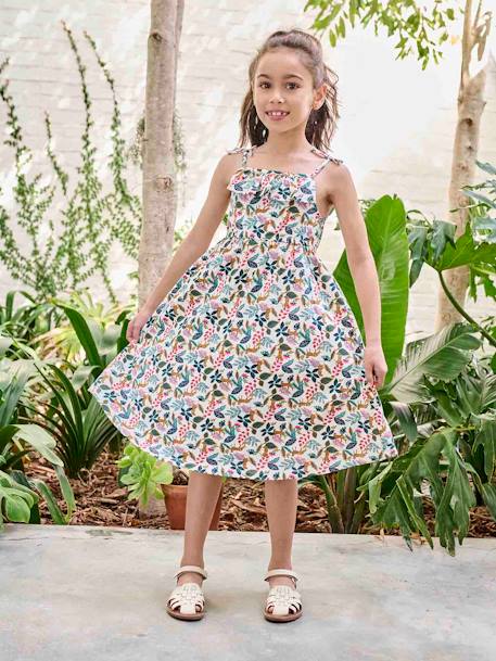 Strappy Midi-Length Dress for Girls blue+ecru+multicoloured+printed white+sky blue 