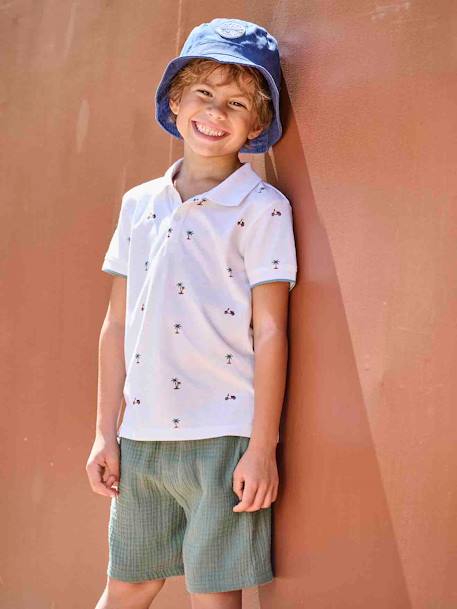 Printed Polo Shirt in Piqué Knit for Boys ecru+printed blue 