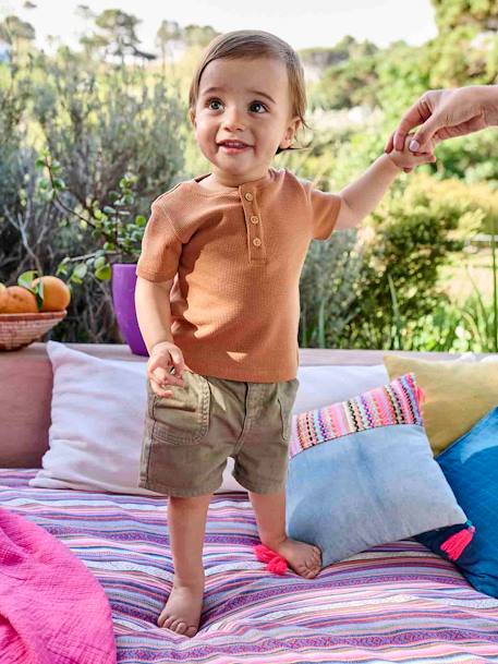 Honeycomb Grandad-Style T-Shirt for Babies camel+GREEN MEDIUM SOLID 