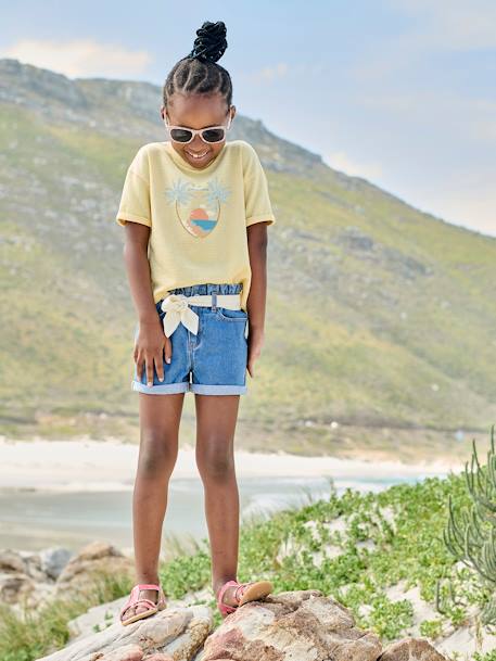 T-Shirt in Creased Jersey Knit Fabric, for Girls coral+pastel yellow 