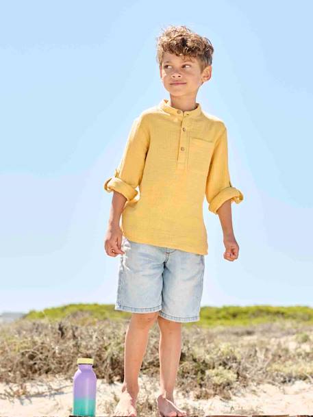 Cotton Gauze Shirt, Roll-Up Sleeves, for Boys BLUE MEDIUM SOLID+ecru+green+yellow 