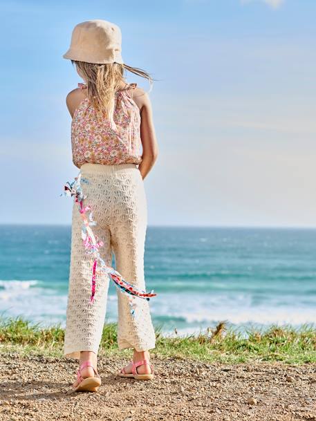 Cropped Blouse with Floral Print, Ruffles on the Straps, for Girls rosy apricot 