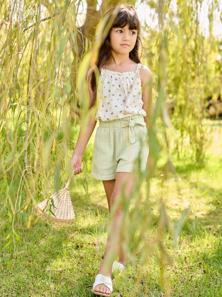 Paperbag Shorts in Cotton Gauze for Girls almond green+coral+pale blue+vanilla 