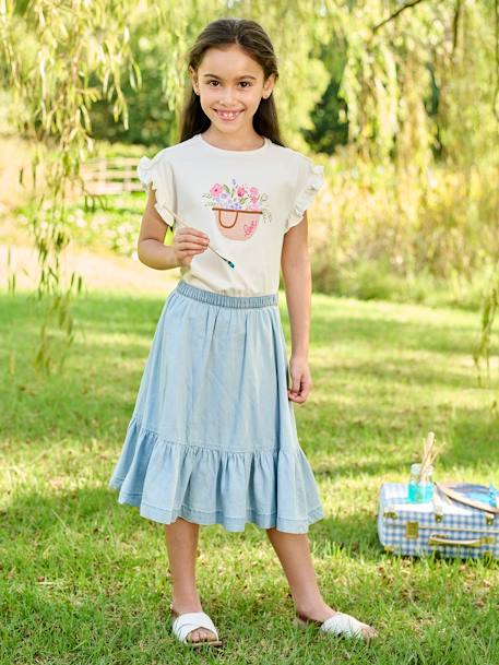 Embroidered T-Shirt with Ruffle on the Sleeves, for Girls ecru 