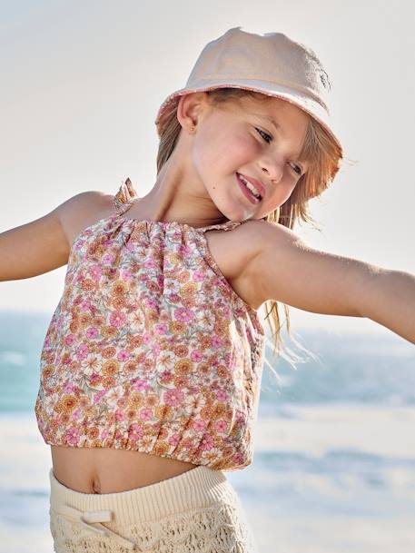 Cropped Blouse with Floral Print, Ruffles on the Straps, for Girls rosy apricot 