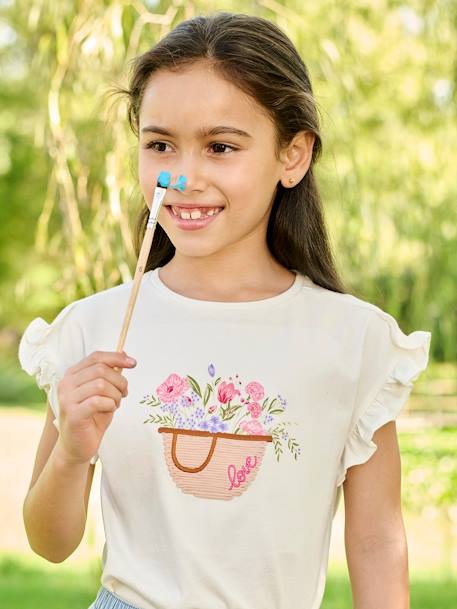 Embroidered T-Shirt with Ruffle on the Sleeves, for Girls ecru 