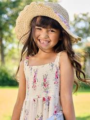 Girls-Accessories-Hats-Crochet-Effect Straw-Like Hat with Printed Ribbon for Girls