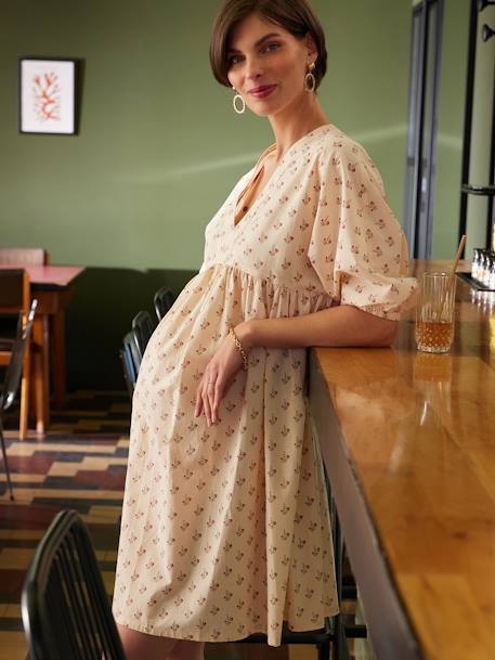 Maternity Dress with Printed Flowers, ENVIE DE FRAISE sandy beige 