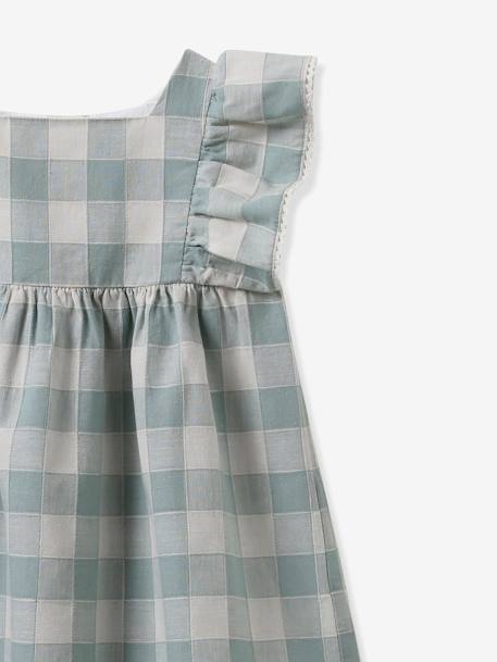 Chequered Dress in Linen & Cotton for Babies, by CYRILLUS aqua green 