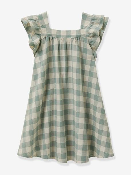 Gingham Dress in Linen & Cotton for Girls, by CYRILLUS aqua green 