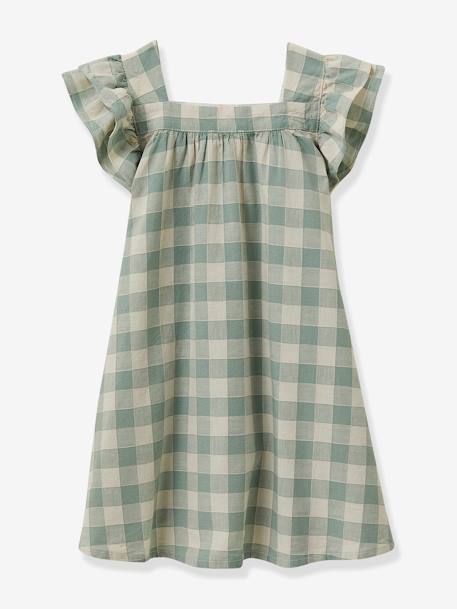 Gingham Dress in Linen & Cotton for Girls, by CYRILLUS aqua green 