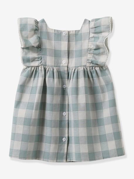 Chequered Dress in Linen & Cotton for Babies, by CYRILLUS aqua green 