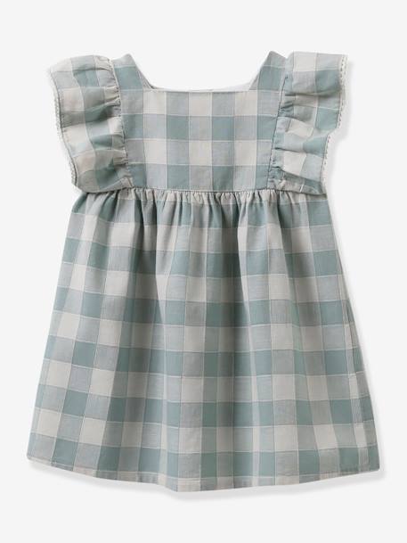 Chequered Dress in Linen & Cotton for Babies, by CYRILLUS aqua green 