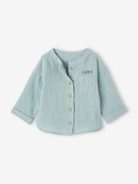 Shirt in Cotton Gauze with Mandarin Collar, for Babies caramel+GREEN DARK SOLID+grey blue 