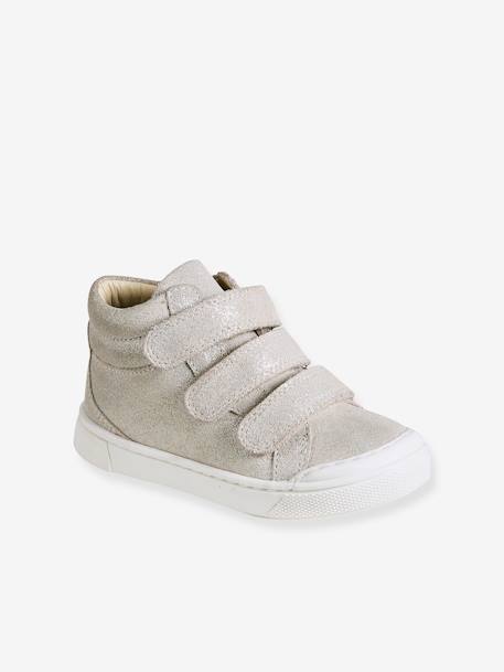 Hook-and-Loop Leather Trainers for Girls, Designed for Autonomy gold+golden beige+navy blue 