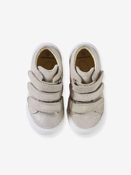 Hook-and-Loop Leather Trainers for Girls, Designed for Autonomy gold+golden beige+navy blue 