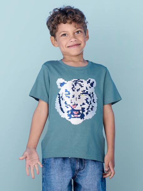 Basics T-Shirt with Reversible Sequins for Boys aqua green+white 