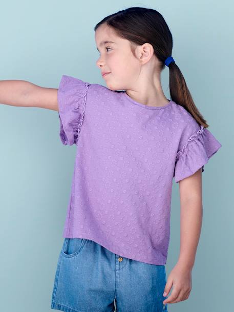 T-Shirt with Embroidered Flowers & Ruffled Sleeves for Girls violet 