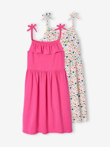 Pack of 2 Strappy Dresses: 1 Printed + 1 Plain, for Girls BLUE MEDIUM TWO COLOR/MULTICOL+fuchsia+YELLOW MEDIUM 2 COLOR/MULTICOL 