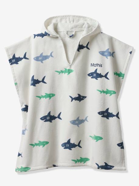 Bath Poncho with Recycled Cotton for Children, Sharks printed white 