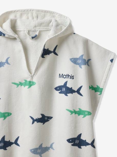 Bath Poncho with Recycled Cotton for Children, Sharks printed white 