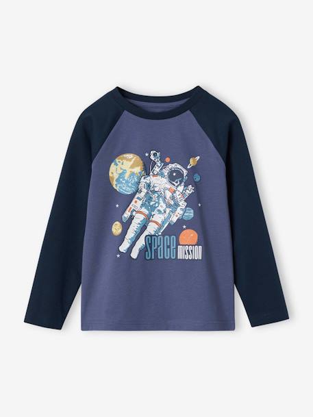 Top with Graphic Motif & Raglan Sleeves for Boys BLUE MEDIUM SOLID WITH DESIGN+lichen+marl grey+pecan nut+slate blue 