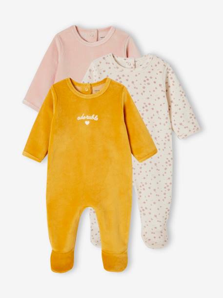 Pack of 3 Sleepsuits in Velour for Babies, BASICS camel+cappuccino+rosy 