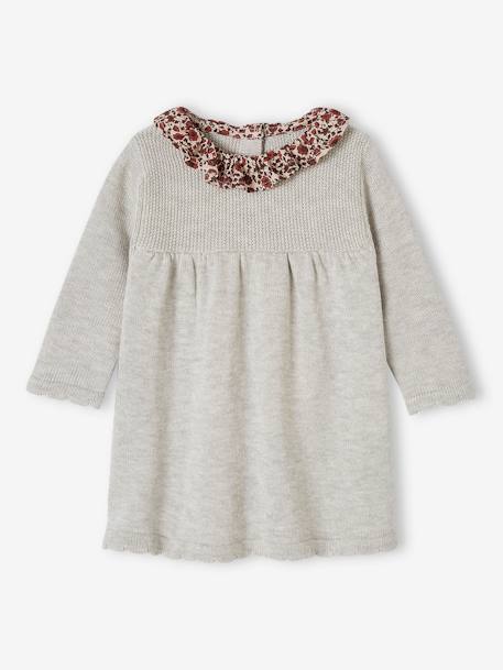 Knitted Dress with Collar in Floral Fabric for Babies marl grey+rust+WHITE LIGHT SOLID WITH DESIGN 