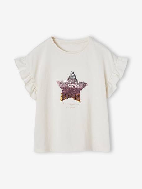 T-shirt with Reversible Sequins for Girls ecru+sky blue 