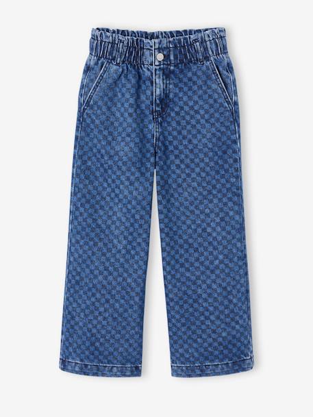 Wide-Leg Paperbag Jeans with Flower Motifs for Girls deep blue+stone 