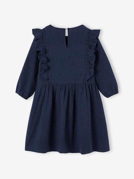 Ruffled Dress in Cotton Gauze, for Girls navy blue+old rose 