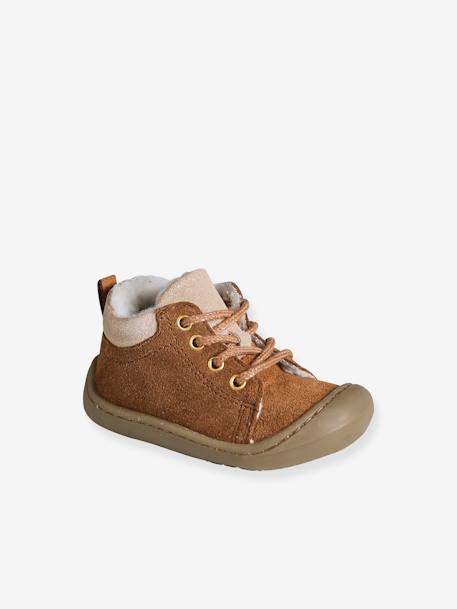 Lace-Up Pram Shoes with Fur Lining, for Babies camel 