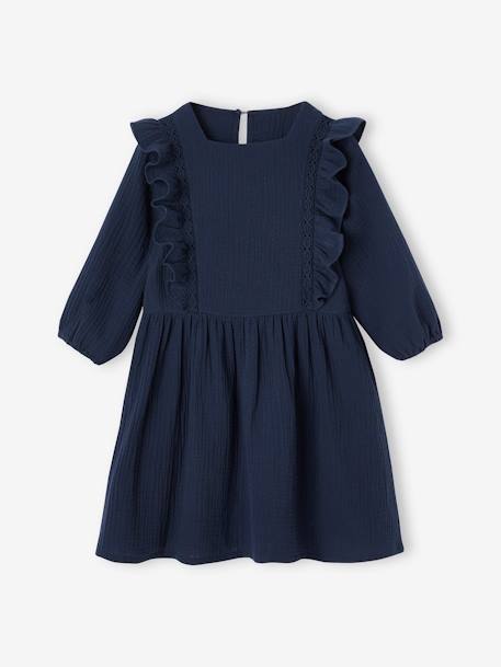 Ruffled Dress in Cotton Gauze, for Girls navy blue+old rose 