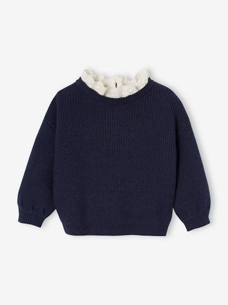 Rib Knit Jumper with Broderie Anglaise Collar for Babies navy blue+sage green+striped navy blue 