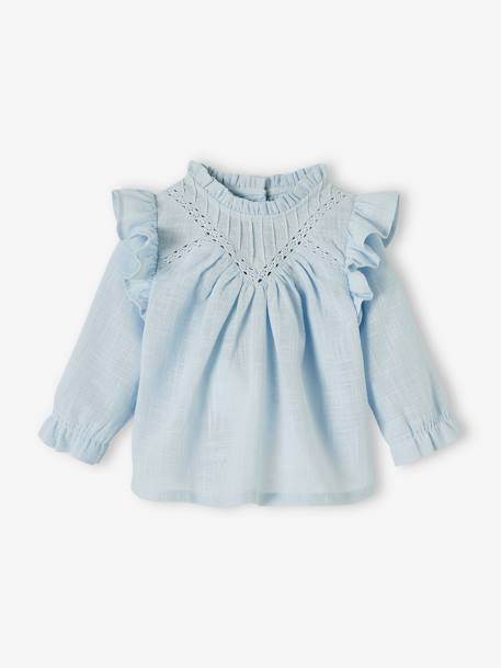 Frilly Blouse in Slub Fabric for Babies BEIGE LIGHT SOLID+sky blue 