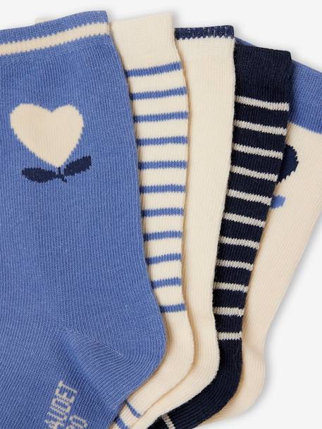 Pack of 5 Pairs of Heart Socks for Girls beige+chambray blue 