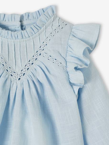 Frilly Blouse in Slub Fabric for Babies BEIGE LIGHT SOLID+sky blue 