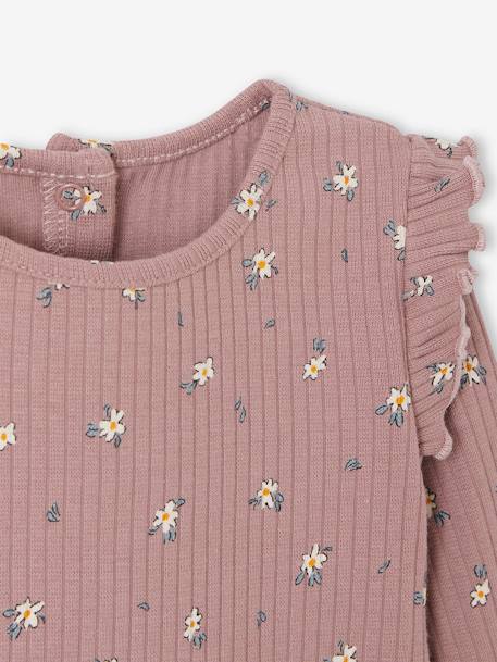 Rib Knit T-Shirt with Ruffled Sleeves for Baby Girls ecru+mauve 