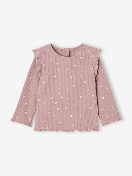 Rib Knit T-Shirt with Ruffled Sleeves for Baby Girls ecru+mauve 