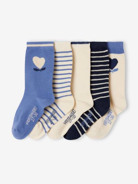 Pack of 5 Pairs of Heart Socks for Girls beige+chambray blue 