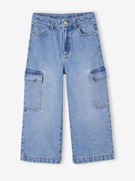 Wide Leg Cargo Jeans for Girls deep blue+medium blue 