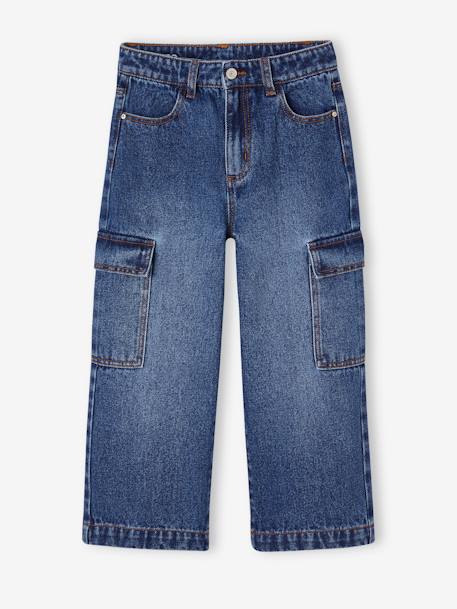 Wide Leg Cargo Jeans for Girls deep blue+medium blue 